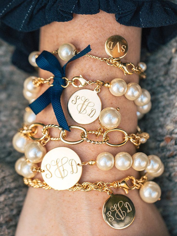 Everything is better with a monogram! Wear your initials proudly with our Pearlsonalized collection. Made locally by our skilled artisans at our workshop in Rhode Island. Initials should be entered as they should appear on the product. For example, if your name is Kiel James Patrick, and you would like the traditional last name as the middle character, please enter your initials as "KPJ". Please allow 5-7 business days for delivery of your personalized product--we engrave them all right here in Stile Boho Chic, Classy Girls Wear Pearls, Monogram Bracelet, Wear Pearls, Classy Girl, Classy Jewelry, Women's Jewelry And Accessories, Monogrammed Items, Girls Wear