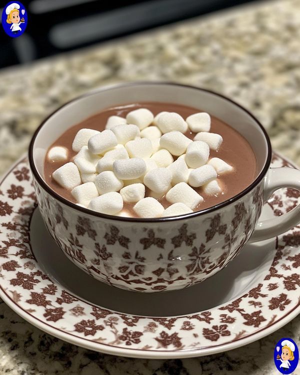 a cup of hot chocolate with marshmallows in it on a saucer