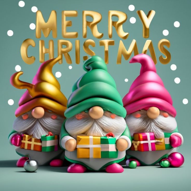 three christmas gnomes with presents in front of the words merry christmas