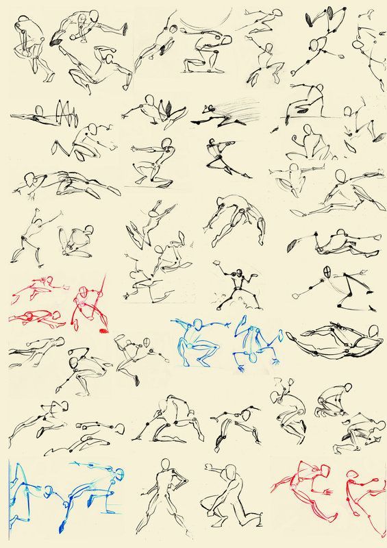 a drawing of people doing different things in various poses and positions, all drawn with colored pencils