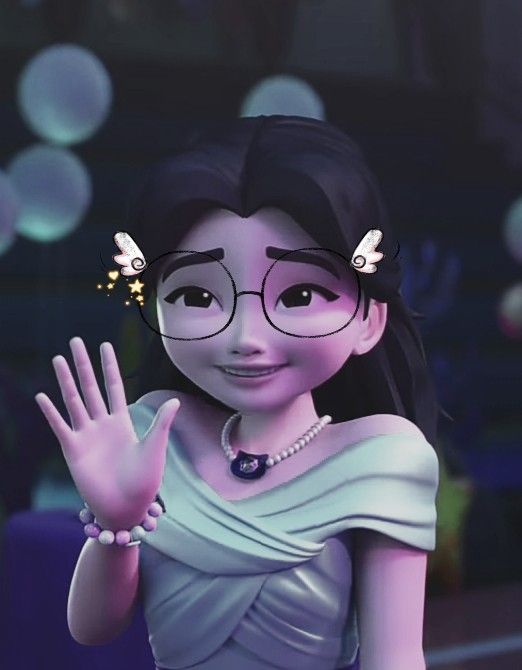 a cartoon character with glasses and a pearl necklace holding her hand up in the air