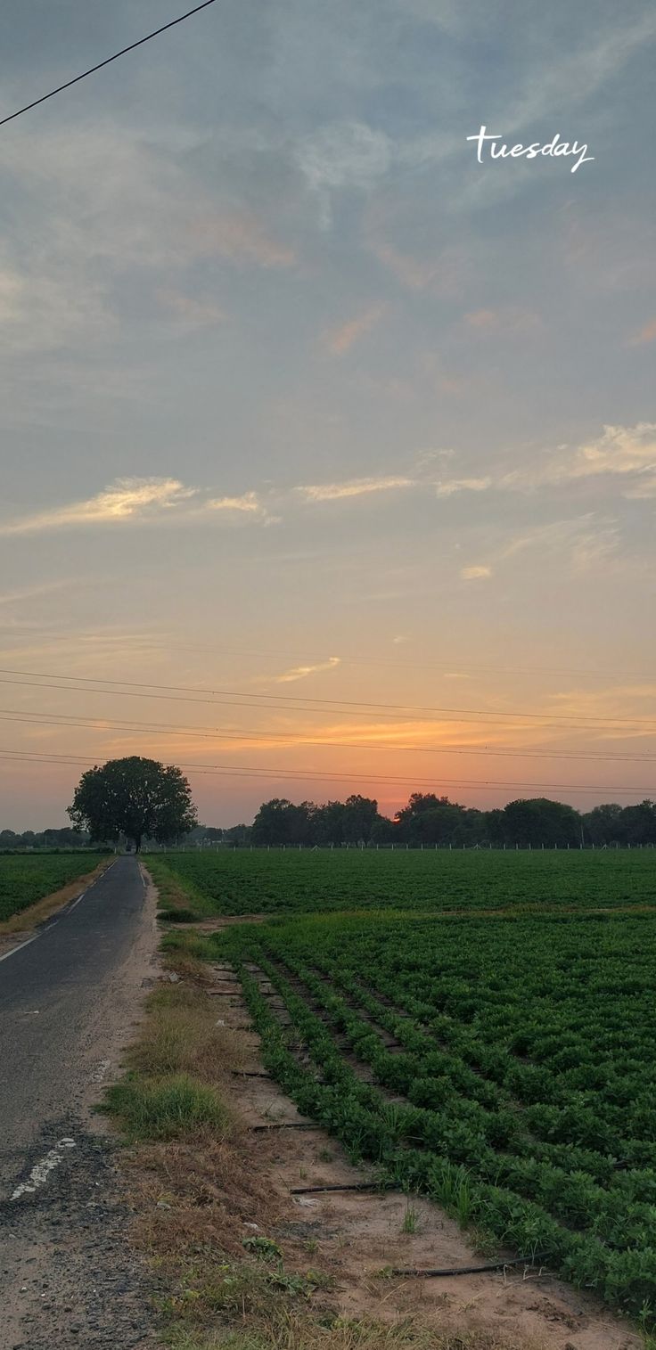 the sun is setting over an open field