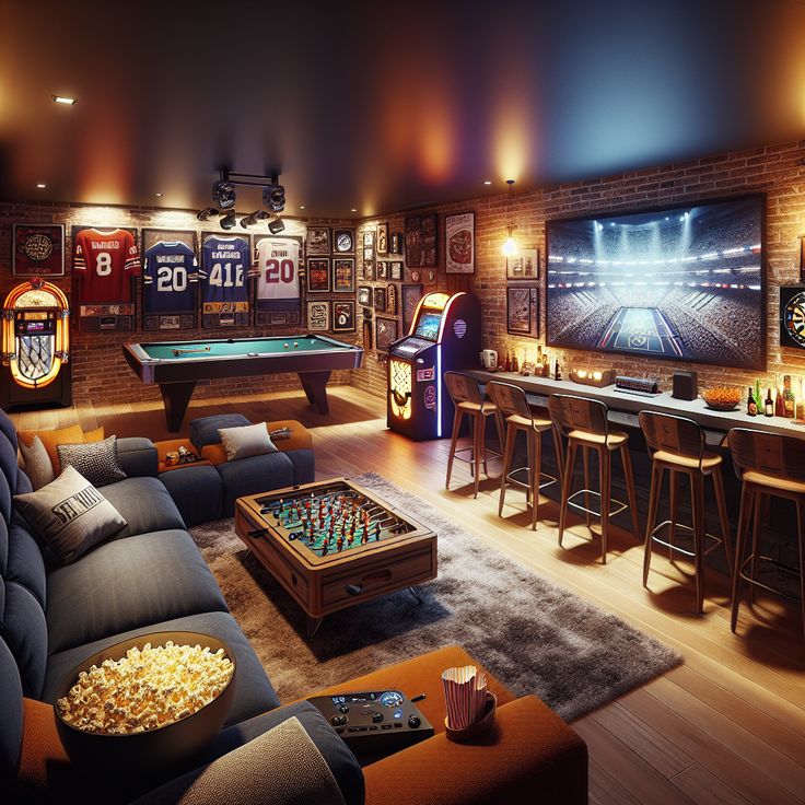 This ultimate man cave has it all; a large TV with surround sound, vintage jukebox, gaming console, professional pool table and a mini-bar. Personalized with framed sports memorabilia, for a cozy touch. #ManCave #HomeEntertainment #BasementDesign #GamingRoom #HomeBar #PoolTable Movie Man Cave, Bar Nook Ideas, Whiskey Lounge Home, Basement Lounge Ideas, Home Pub Ideas, Room Projector, Officine In Garage, Theatre Room Ideas, Home Theater Ideas