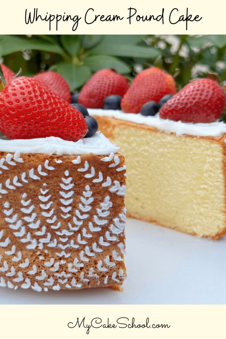 a piece of white cake with strawberries and blueberries on top is next to a slice of strawberry cream pound cake