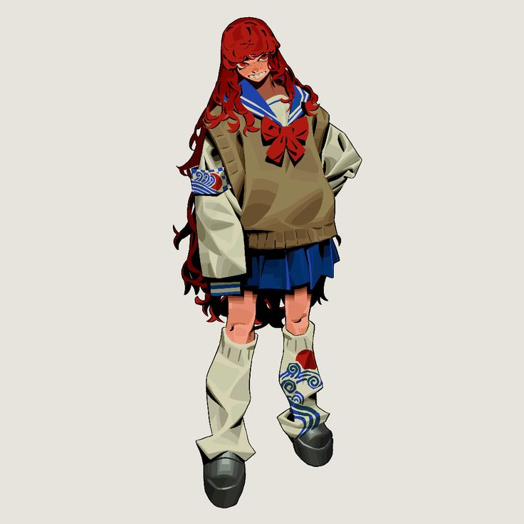 an anime character with red hair and boots