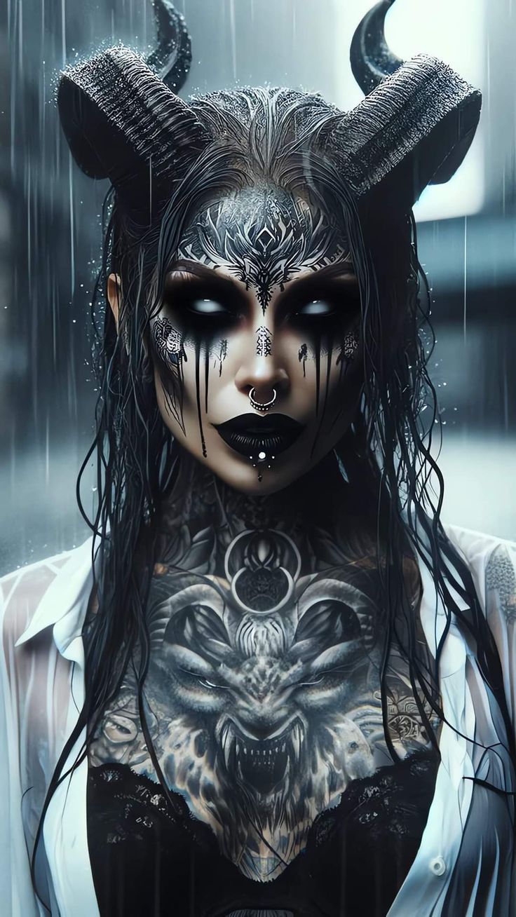 a woman with black makeup and horns on her face is standing in the rain while holding an umbrella