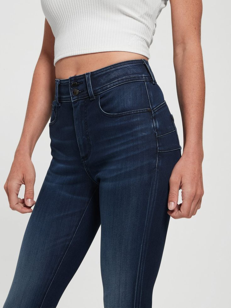 Feel extra comfortable in your own skin with these special jeans. Featuring a curve-hugging denim design, high-rise waist, five-pocket construction, dual waist buttons and triangle logo at the back pocket. Blue Mid-rise Jeggings With Pockets, Special Jeans, Denim Blue High-waisted Jeggings With Five Pockets, Comfortable In Your Own Skin, High-waist Blue Denim Jeggings, Blue Mid-rise Denim Jeggings, Guess Watch, Guess Girl, Mid-rise Denim Pull-on Jeggings