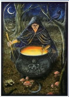 a painting of a witch stirring a cauldster