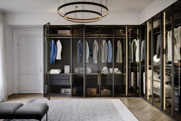 a walk in closet with clothes hanging on the walls and an area rug underneath it