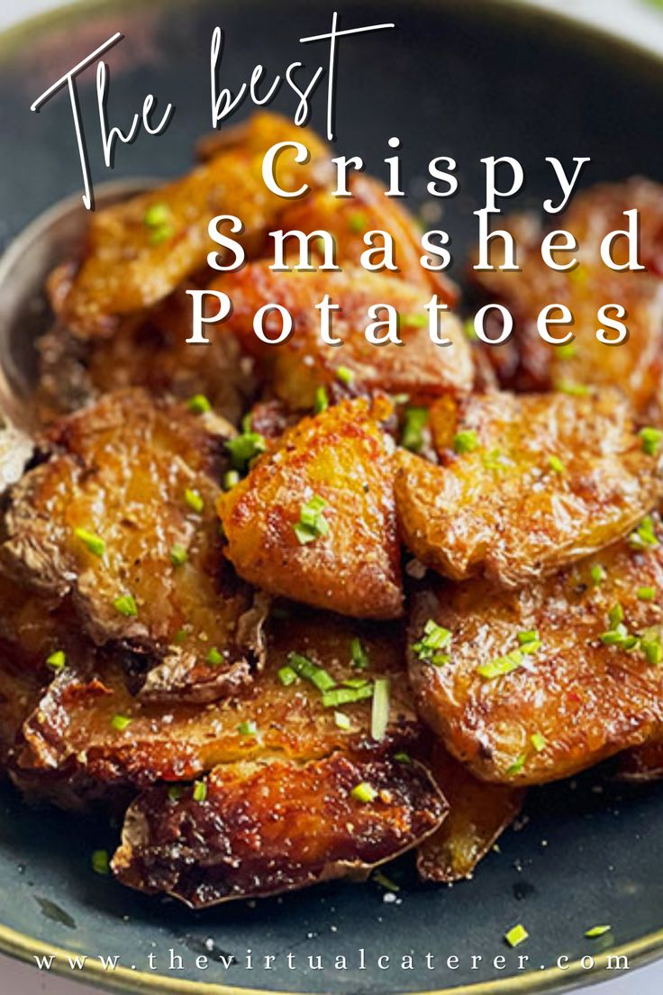 A bowl full of crispy potatoes topped with parsley and served with a spoon. Super Crispy Smashed Potatoes, Crispy Potatoes Recipes, Skillet Smashed Potatoes, Fingerlings Potatoes Recipes, Recipes Using Fingerling Potatoes, Best Crispy Smashed Potatoes, Extra Crispy Potatoes, Smashed Potatoes Crispy, Crispy Fingerling Potatoes Air Fryer