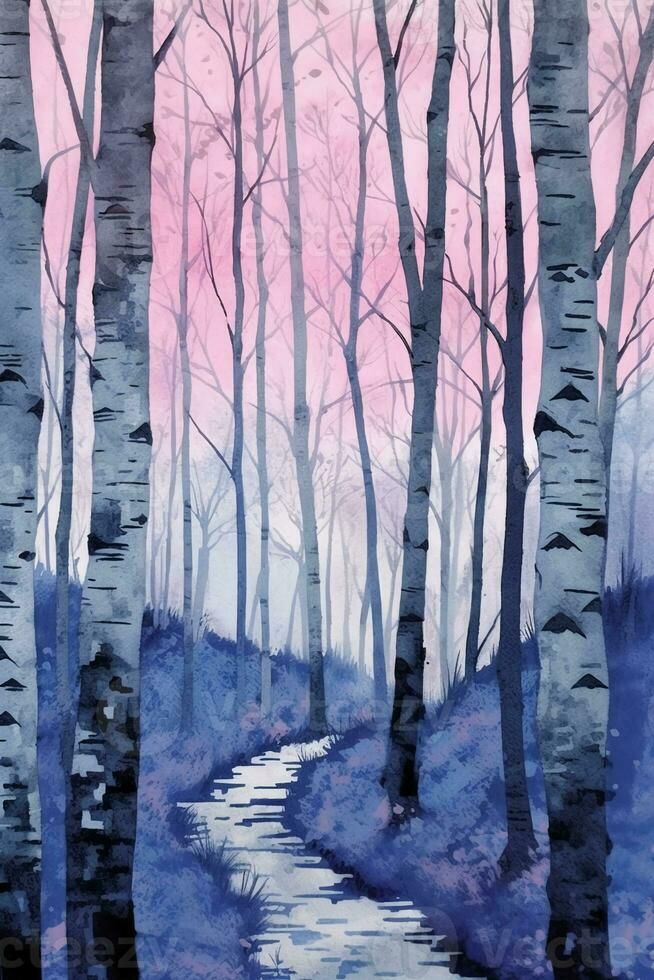 a painting of a path in the woods with pink sky and trees behind it, painted by watercolor on paper