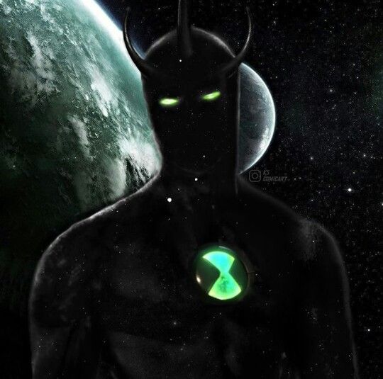 a man with green eyes standing in front of a planet