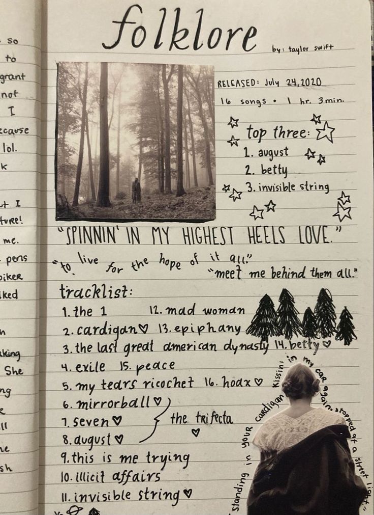 an open notebook with writing on it and pictures of people in the woods behind them