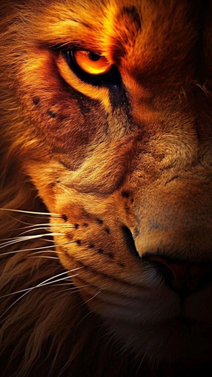 a close up shot of a lion's face with the sun shining on it