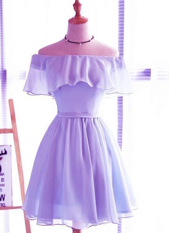 Lavender Chiffon Off Shoulder Short Bridesmaid Dresses Lavender Prom Dress With Ruffles, Purple Summer Evening Dress For Banquet, Summer Purple Evening Dress For Banquet, Purple Evening Dress For Summer Banquet, Purple Evening Dress For Summer Banquets, Purple Chiffon Dress For Party, Chiffon Mini Dress For Wedding And Prom Season, Purple Chiffon Dress For Banquets, Purple Chiffon Dress For Summer Wedding