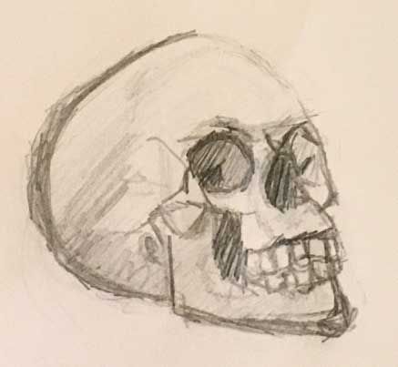 a drawing of a skull with glasses on it's face and mouth is shown