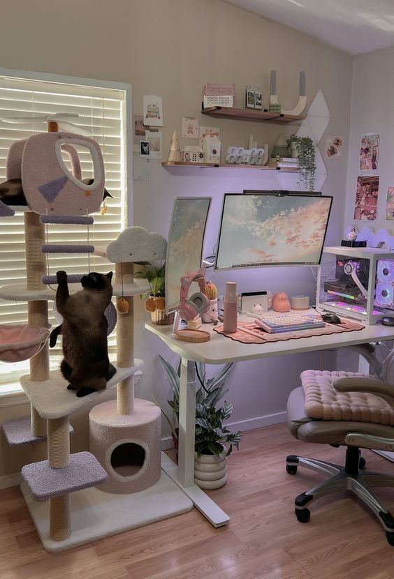 a cat sitting on top of a scratching post next to a computer desk and chair