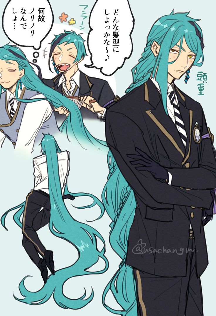 two anime characters with blue hair and one is wearing a black suit, while the other has