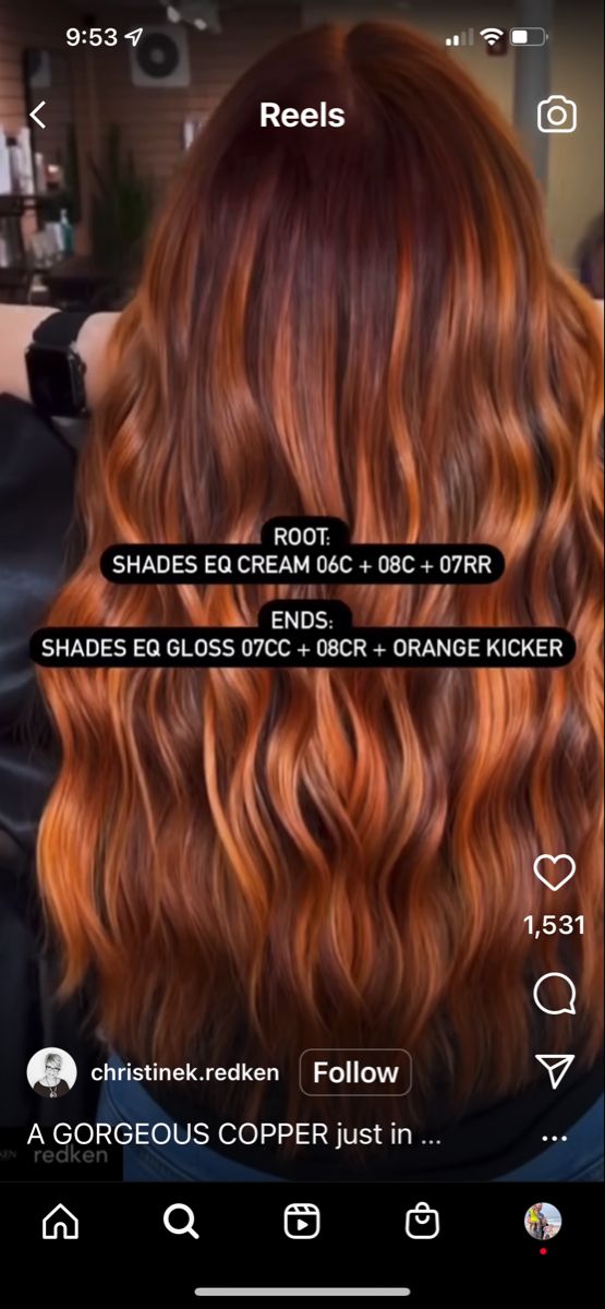 Shades Eq Toner Formulas For Orange, How To Make Copper Hair Color, Redken Dark Copper Hair Formulas, Redken Shades Eq Formula Copper, Redken Orange Formula, Copper With Root Smudge, Copper Color Melt Hair, Copper Brown Balayage Formula, Copper Hair Shades Eq Formula