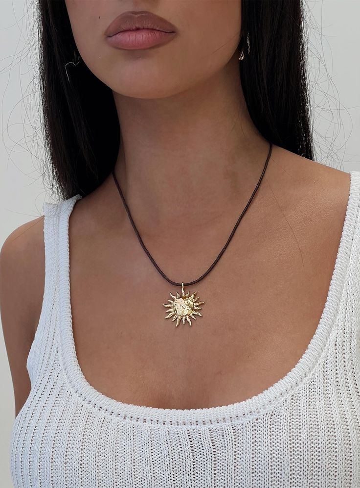 Gold-toned necklace Sunshine pendant, adjustable tie fastening Princess Polly Lower Impact 70% reclaimed zinc alloy 30% polyester Buy Now Pay Later, Princess Polly, Zinc Alloy, Pendant, Gold