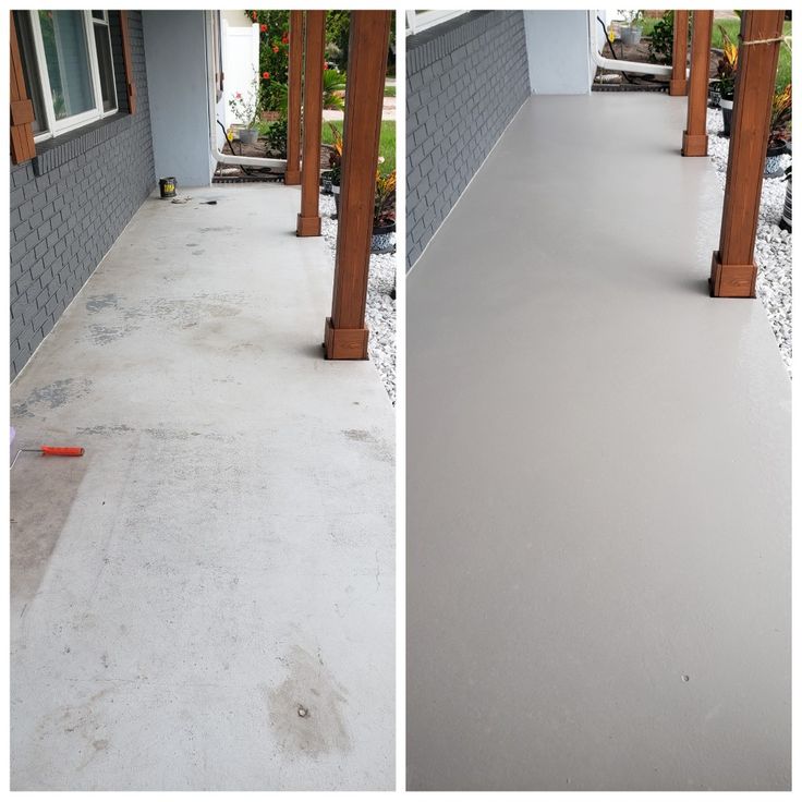 before and after photos of a concrete patio being laid on the side of a house