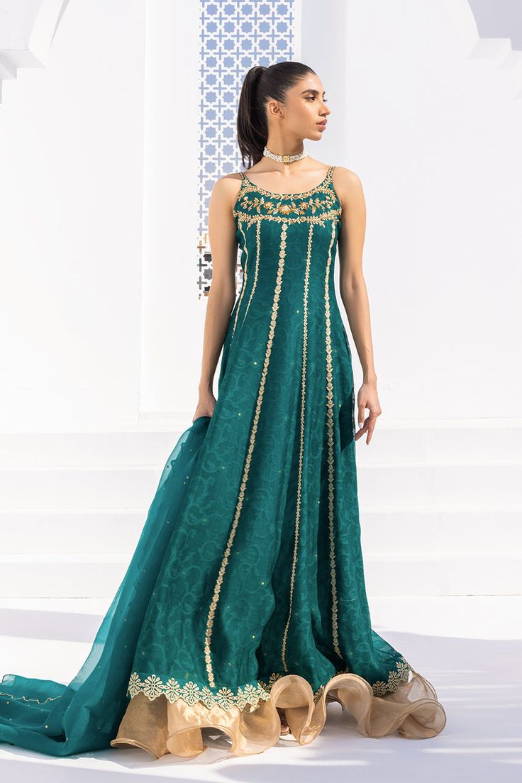 Merab – Sania Maskatiya International Anarkali Style Wedding Embroidered Fabric With Dabka, Green Organza Gown For Designer Wear, Anarkali Embroidered Fabric With Dabka For Wedding, Floor-length Lawn Suit With Dabka For Reception, Wedding Embroidered Chanderi Fabric With Dabka, Festive Naqshi Chinon Lehenga, Elegant Party Lehenga With Naqshi Details, Festive Chinon Lehenga With Naqshi Detailing, Festive Chinon Lehenga With Naqshi Embroidery