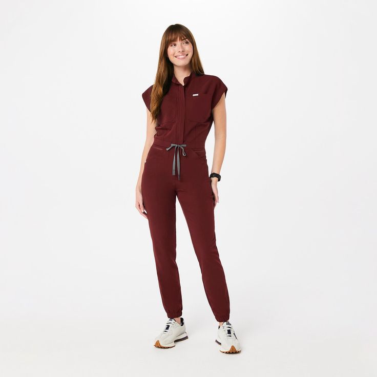 Official FIGS® Scrubs. Ridiculously Soft Scrubs Designed Just For You. Get Free Shipping On Orders $50+! | FIGS Womens Burgundy Rafaela - Cargo ScrubJumpsuit™ Fig Scrubs, Scrub Outfits, Burgundy Scrubs, Cna Nurse, Cargo Jumpsuit, Burgundy Jumpsuit, Scrubs Outfit, Figs Scrubs, Scrub Life