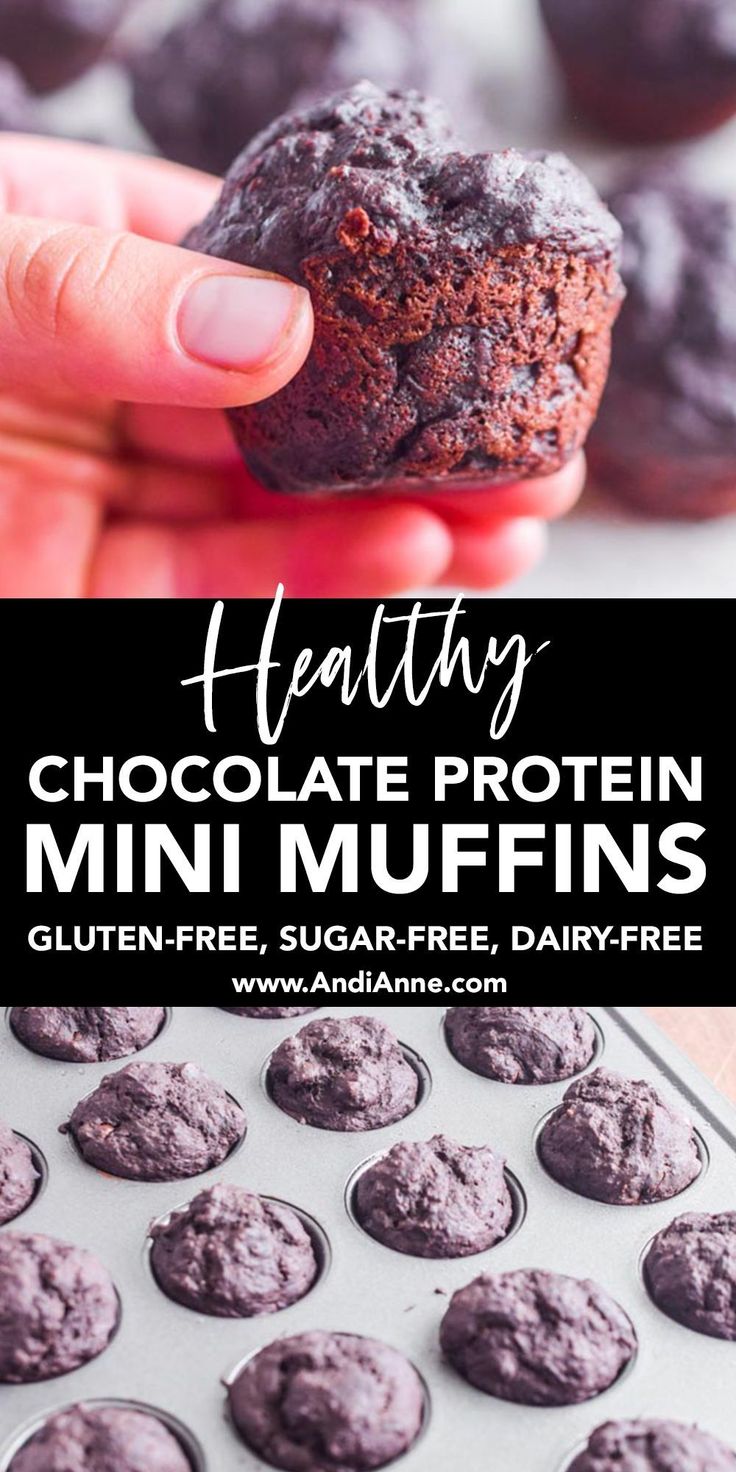 healthy chocolate protein mini muffins with text overlay