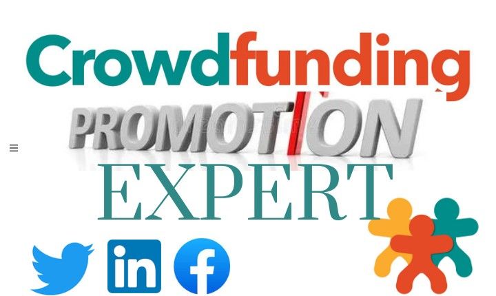 the words crowdfunding, promotion and expert are displayed in this graphic design for social media