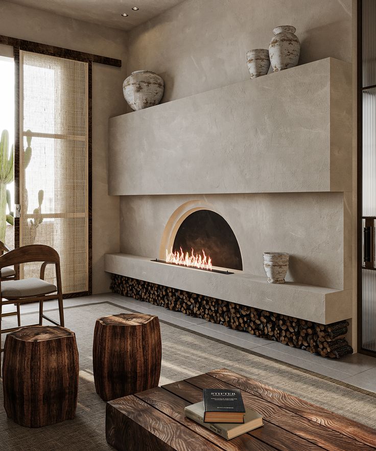 a living room filled with furniture and a fire place in the middle of the room