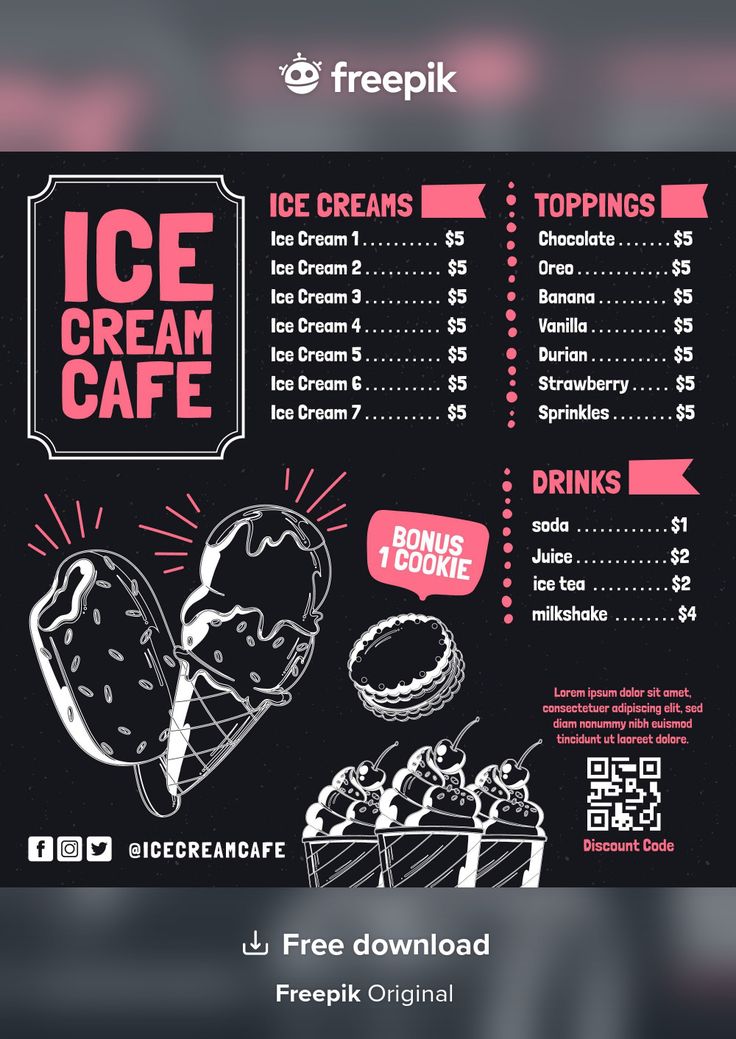 the ice cream cafe menu is shown in pink and black