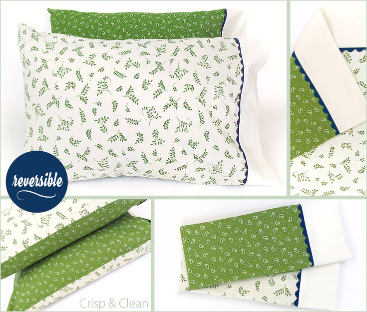 four different views of the same pillow with blue piping and green leaves on it