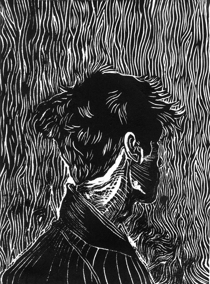 a black and white drawing of a man's face with wavy lines in the background