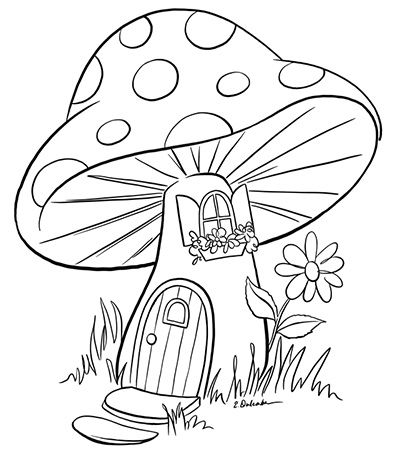 a mushroom house in the grass with flowers