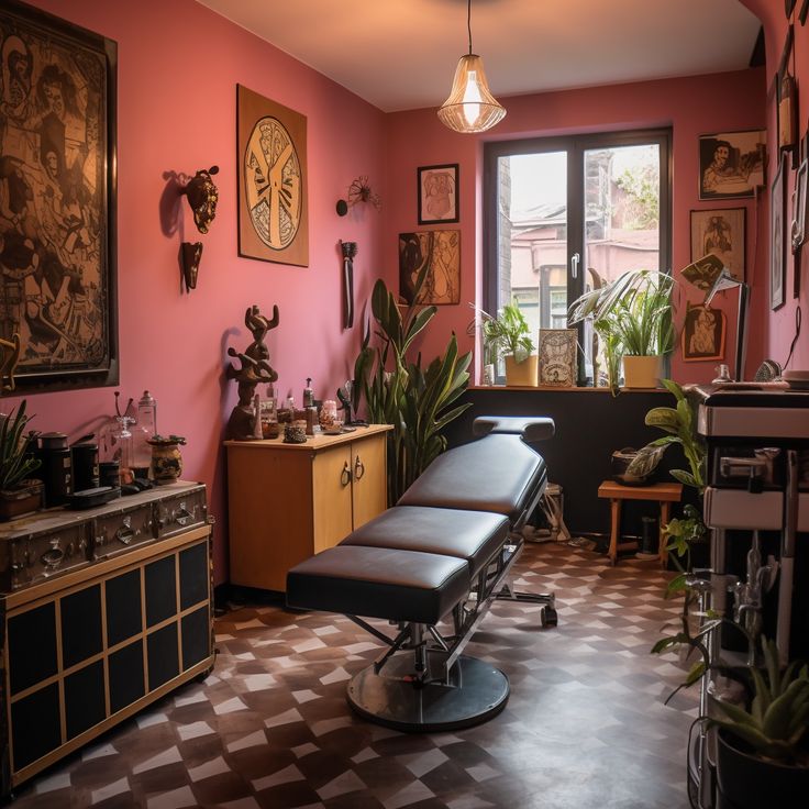 a room with pink walls and lots of pictures on the wall, including an ironing board