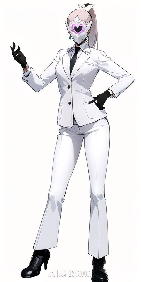 a woman in white suit and tie standing with her hands on her hips