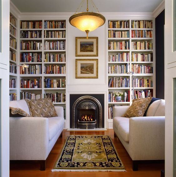 a living room with two couches and a fireplace in the center surrounded by bookshelves