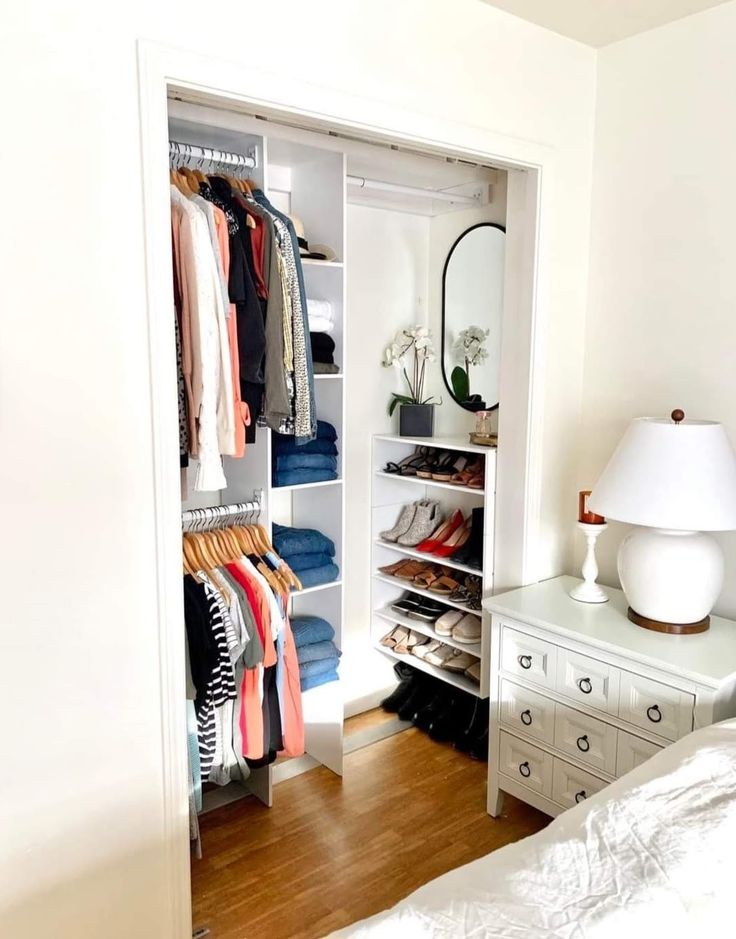 Closet Designs For Two People, 6ft Closet Organization, Bedroom With Office Inspirations, Accordion Closet Makeover, Simple Closet Makeover, Recessed Closet Ideas, Coat Closet Makeover Storage, Closet Diy Ideas How To Build, Regular Closet Makeover