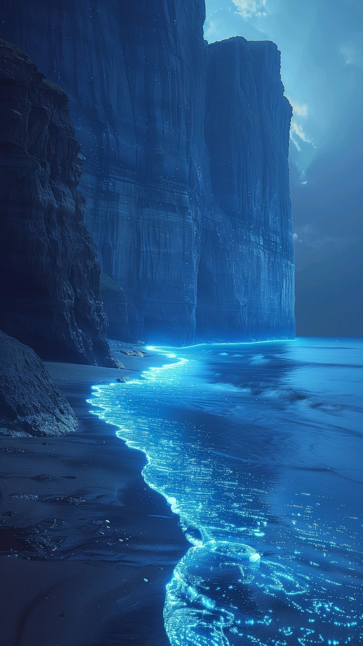 an ocean scene with waves crashing on the shore and cliffs in the background at night