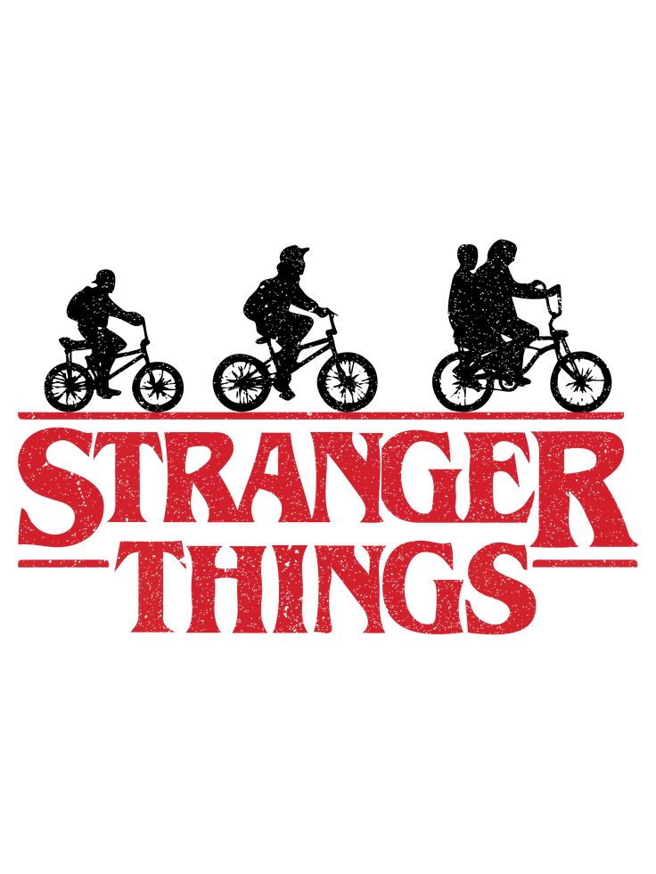 three people riding bikes with the words'strange things'in red on white background