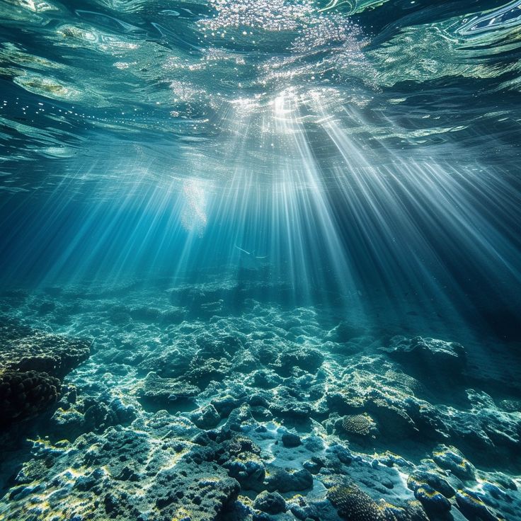 an underwater view of the ocean with sunlight coming through the water's surface and sunbeams