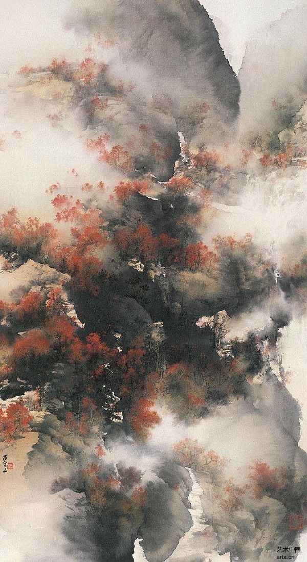 an abstract painting with red and black leaves on it's face, surrounded by clouds