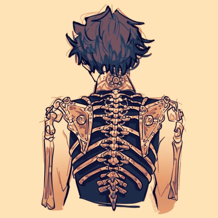 the back of a person's body, with skeleton parts on their shoulders and arms