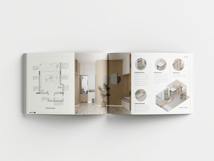 an open book with drawings and diagrams on the pages, showing different rooms in each section