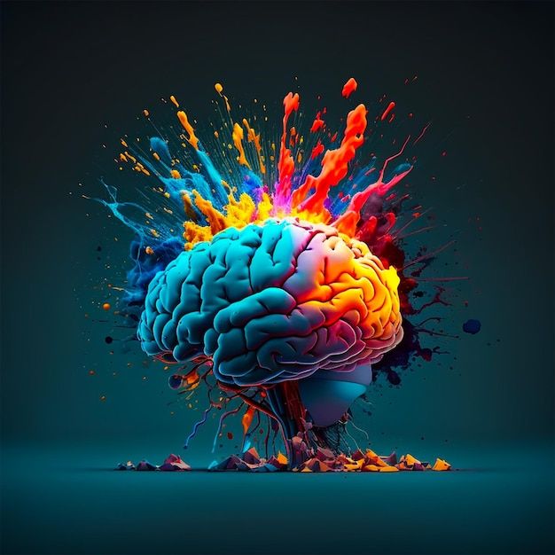 an image of a colorful brain with paint splattered on the top and bottom