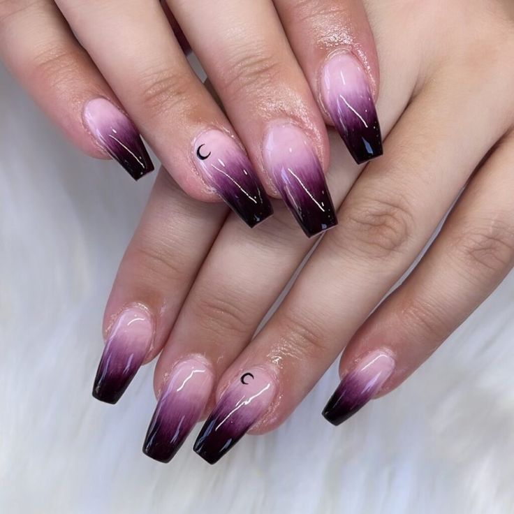 Black And Purple Ombre With Tiny Moon Red Black And Purple Nails, Black To Purple Nails, Pink And Black Nail Inspo Acrylic, Purple Tipped Nails, Nail Designs With Purple, Red Purple Ombre Nails, Black And Pink Ombre Nail Designs, Ombre Witch Nails, Black And Purple Ombre Nails Almond