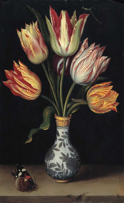 a painting of tulips in a vase on a table next to a snail