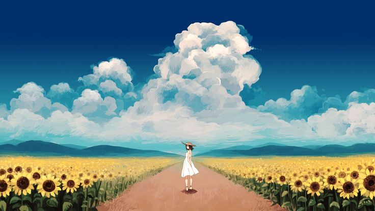 a woman standing in the middle of a sunflower field looking up at a cloudy sky