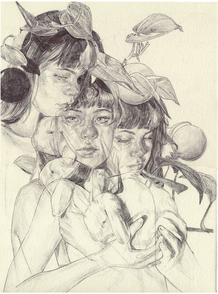 a drawing of three women with birds on their heads