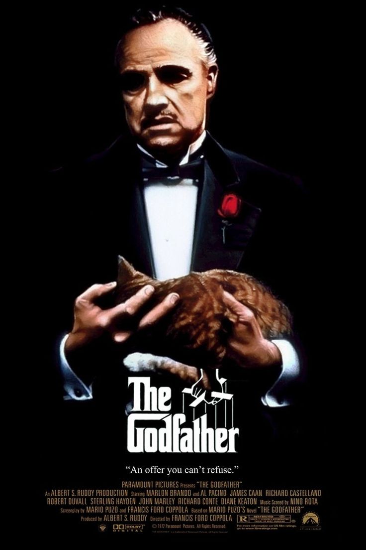 a movie poster for the film the godfather with a man in a tuxedo holding a cat